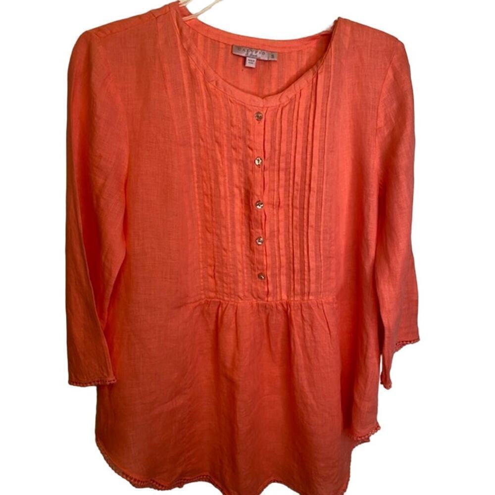Calypso Linen 3/4 Sleeve Scooped‎ Neckline Pleated Front Blouse Coral Size Small